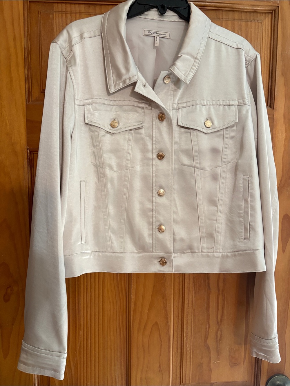 BCBGeneration Cream Button-Front Jean Jacket with Gold Buttons